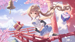 1girl absurdres bag balcony bell blue_sailor_collar blue_skirt bow brown_eyes brown_hair cherry_blossoms cloud day freshylulu_m gift gradient_sky hair_bow highres long_hair looking_at_viewer mount_fuji mountain original outdoors pleated_skirt sailor_collar school_bag school_uniform shirt sidelocks skirt sky smile solo standing thighs twintails very_long_hair white_shirt