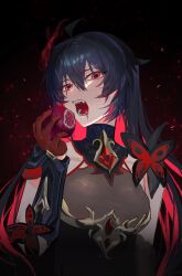 1girl ahoge apple black_dress black_hair breasts butterfly_ornament colored_inner_hair dress duoyun_de_tiankong food fruit gloves gradient_background hashtag-only_commentary highres holding holding_food holding_fruit honkai_(series) honkai_impact_3rd large_breasts multicolored_hair open_mouth red_eyes red_gloves red_hair seele_(alter_ego) seele_vollerei seele_vollerei_(starchasm_nyx) solo teeth two-tone_hair upper_body