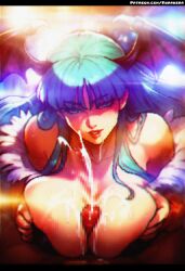 1boy 1girl absurdres alternate_breast_size aurakera breasts cum darkstalkers ejaculation green_eyes green_hair head_wings highres large_breasts looking_at_viewer morrigan_aensland paizuri smile wings