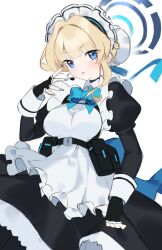 1girl apron asymmetrical_hair blonde_hair blue_archive blue_eyes blue_halo blue_ribbon chest_harness fingerless_gloves frilled_apron frills gloves hair_bun hair_ribbon halo halo_behind_head harness highres looking_at_viewer maid maid_apron maid_headdress ribbon solo suuuuica toki_(blue_archive) white_background