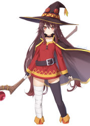 Rule 34 | 1girl, bandages, belt, blush, brown hair, cape, cosplay, dress, fingerless gloves, full body, genshin impact, gloves, hat, highres, holding, holding staff, hu tao (genshin impact), kono subarashii sekai ni shukufuku wo!, long sleeves, looking at viewer, megumin, megumin (cosplay), parted lips, red dress, red eyes, simple background, solo, staff, suke (momijigari), symbol-shaped pupils, thighhighs, twintails, white background, witch hat