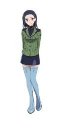 1girl arms_behind_back black_skirt blue_boots boots comoli_harcourt epaulettes forehead full_body green_jacket gundam gundam_gquuuuuux highres jacket looking_at_viewer military_uniform miniskirt mole mole_under_eye official_art science_fiction short_hair simple_background skirt solo standing transparent_background turtleneck yellow_eyes zeon
