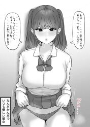 Rule 34 | 1girl, absurdres, blush, bow, breasts, flashing, greyscale, highres, large breasts, lifting own clothes, lipstick, long sleeves, looking at viewer, makeup, medium hair, monochrome, original, panties, school uniform, solo, speech bubble, standing, tantanmen72, translation request, underwear