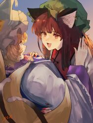 2girls aged_up animal_ear_fluff animal_ears blonde_hair blue_tabard brown_eyes brown_hair cat_ears cat_girl chen commentary_request dress eneshi fox_ears fox_girl fox_tail frilled_hat frills green_hat hand_on_another&#039;s_chest hat highres hug kitsune long_sleeves looking_at_another multiple_girls multiple_tails nail_polish open_mouth red_nails red_tabard signature tabard tail touhou white_dress white_hat yakumo_ran yellow_eyes yuri
