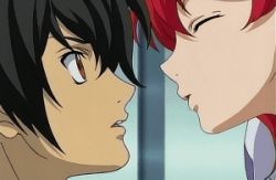 00s 1boy 1girl animated animated_gif closed_eyes earrings freckles gundam gundam_00 hetero jewelry kiss lowres nena_trinity red_hair setsuna_f._seiei spoilers bad_tag yellow_eyes