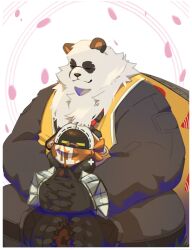 1boy 1other :3 absurdres animal_ears black_pants chinese_clothes closed_eyes closed_mouth commentary english_commentary eous_(zenless_zone_zero) facing_to_the_side fat frostqq furry furry_male highres indian_style male_focus neckerchief non-humanoid_robot orange_neckerchief pan_yinhu panda_boy panda_ears pants plump rabbit_ears robot round_eyewear shirt sitting smile yellow_shirt zenless_zone_zero