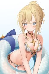 Rule 34 | 1girl, bikini, blood, bloody tears, blue eyes, blue innertube, blush, breasts, celestine (letmebid), chain, closed mouth, colts bone, commentary, commission, cross-shaped pupils, crying, crying with eyes open, hair between eyes, highres, medium breasts, navel, original, ponytail, skeb commission, sweatdrop, swimsuit, symbol-shaped pupils, tears, white bikini