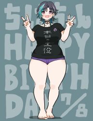 Rule 34 | black choker, black hair, black shirt, blue background, breasts, choker, dated, double v, earrings, green hair, happy birthday, hololive, hololive dev is, japanese text, jewelry, kono (konomi9a), large breasts, multicolored hair, multiple rings, open mouth, pink eyes, purple shorts, rindo chihaya, ring, shirt, short hair, short shorts, shorts, smile, standing, t-shirt, thick thighs, thighs, v, virtual youtuber, wide hips