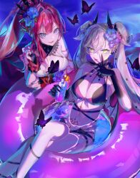 Rule 34 | 2girls, baobhan sith (fate), baobhan sith (swimsuit pretender) (third ascension) (fate), bare shoulders, bikini, black bikini, black hands, body markings, breasts, bridal gauntlets, choker, cleavage, colored extremities, crossed bangs, demon girl, demon horns, detached collar, earrings, emoillu, fate/grand order, fate (series), flower, green eyes, grey eyes, grey hair, hair between eyes, hair flower, hair ornament, horns, innertube, jewelry, large breasts, lilith (fate), long hair, looking at viewer, medium breasts, multiple girls, navel, pink hair, pointy ears, ponytail, sidelocks, smile, stomach tattoo, swim ring, swimsuit, tattoo, thighs, tiara, twintails, very long hair, white bikini