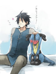 2boys black_hair blush gen_4_pokemon gradient_background lowres lucario male_focus multiple_boys nintendo pokemon pokemon:_lucario_and_the_mystery_of_mew pokemon_(anime) pokemon_(creature) pokemon_rse_(anime) sir_arlon white_background