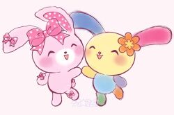 2girls ^_^ animal_ears blush bonbonribbon bow chibikemo closed_eyes couple flower furry furry_female furry_with_furry hair_flower hair_ornament heisei_retro holding_hands multiple_girls open_mouth orange_flower pink_bow polka_dot polka_dot_bow rabbit_ears rabbit_girl rabbit_tail sanrio simple_background smile starlet_twt tail usahana white_background yuri