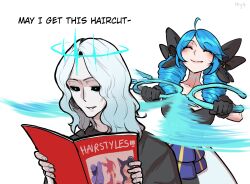 Rule 34 | 1boy, 1girl, absurdres, ahoge, black bow, black gloves, black sclera, blue hair, blush, bow, breasts, closed eyes, closed mouth, collarbone, colored sclera, english text, gloves, green eyes, gwen (league of legends), highres, holding, holding scissors, large breasts, league of legends, long hair, marydjiang, oversized object, ruined (league of legends), scissors, smile, viego (league of legends)