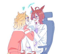 +++ 2girls absurdres agnes_tachyon_(umamusume) animal_ears bow brown_hair brown_shoes chair eye_contact hair_between_eyes highres horse_ears horse_girl horse_tail jacket jungle_pocket_(umamusume) lab_coat looking_at_another multiple_girls office_chair on_chair open_clothes pants pleated_skirt profile purple_bow red_eyes red_jacket red_pants school_uniform seila_rei shoes short_hair simple_background sitting skirt squiggle swivel_chair tail thighhighs tracen_school_uniform track_jacket track_pants track_suit umamusume white_background white_skirt white_thighhighs