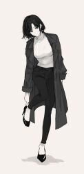 1girl absurdres adjusting_footwear breasts closed_mouth coat commentary english_commentary feint721 full_body genderswap genderswap_(mtf) greyscale high_heels highres large_breasts long_sleeves looking_at_viewer medium_hair monochrome original pants self-portrait shirt solo tight_clothes tight_pants