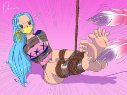 1girl absurdres arms_behind_back barefoot bdsm blue_hair blush bondage bound breasts brown_eyes cloth_gag deaart feathers full_body gag gagged highres improvised_gag medium_breasts nail_polish nefertari_vivi one_piece over_the_nose_gag pink_background rope source_request tape tape_bondage tickling toenail_polish toenails variant_set