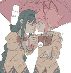 2girls akemi_homura black_hair black_hairband blush bow bowtie braid brown_shirt english_text ezier hair_ribbon hairband hand_on_another&#039;s_shoulder highres holding holding_hands holding_umbrella juliet_sleeves kaname_madoka long_hair long_sleeves looking_at_another mahou_shoujo_madoka_magica mahou_shoujo_madoka_magica_(anime) mitakihara_school_uniform multiple_girls parted_lips pink_umbrella puffy_sleeves red-framed_eyewear red_bow red_bowtie red_ribbon ribbon school_uniform semi-rimless_eyewear shirt short_twintails simple_background speech_bubble twin_braids twintails umbrella under-rim_eyewear white_background yuri