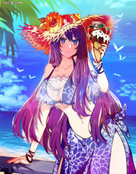 2girls artist_name bikini bikini_top_only bird blue_sky breasts cloud commentary crepe day doki_doki_literature_club english_commentary floral_print flower food fruit hat hat_flower highres in_food large_breasts leaning_forward long_hair looking_at_viewer mini_person minigirl multiple_girls natsuki_(doki_doki_literature_club) navel outdoors print_bikini print_bikini_top print_sarong purple_eyes purple_hair sarong savi_(byakushimc) seagull see-through_clothes sky solo_focus straw_hat strawberry swimsuit very_long_hair yuri_(doki_doki_literature_club)