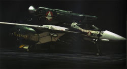 1980s_(style) 3d aircraft airplane choujikuu_yousai_macross dark fighter_jet hangar highres macross macross:_do_you_remember_love? mecha military military_vehicle no_humans official_art oldschool realistic retro_artstyle robot tenjin_hidetaka valkyrie vehicle_focus vf-1 vf-1_super