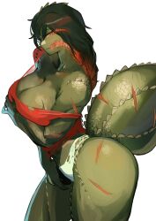 1girl absurdres arm_under_breasts black_hair breasts claws closed_mouth colored_skin cropped_legs deviljho exposed_muscle fangs from_side glowing glowing_eyes green_skin highres large_breasts looking_at_viewer medium_hair miao_jiangyou monster_girl monster_hunter_(series) multiple_scars personification red_eyes scales scar solo spikes tail thick_thighs thighs torn_clothes unsure white_background