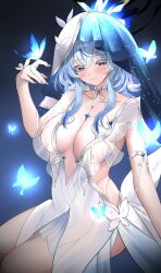 1girl absurdres armlet blue_background blue_butterfly blue_hair blue_nails blue_veil blush breasts bug butterfly closed_mouth collarbone colored_eyelashes commentary cowboy_shot dress fingernails gradient_background hand_up highres insect invisible_chair jewelry kkhyun5016 large_breasts long_hair looking_at_viewer nail_polish purple_eyes shorekeeper_(wuthering_waves) sitting sleeveless sleeveless_dress smile solo two-tone_veil veil white_dress white_veil wuthering_waves