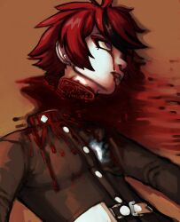 1boy absurdres ahoge black_hair blood blood_from_mouth blood_on_clothes blood_on_face blood_on_ground bloody_tears decapitation highres last_defense_academy_school_uniform male_focus messy_hair multicolored_eyes multicolored_hair nosebleed purple_eyes red_eyes red_hair severed_head solo solo_focus sumino_takumi the_hundred_line_-last_defense_academy- upper_body