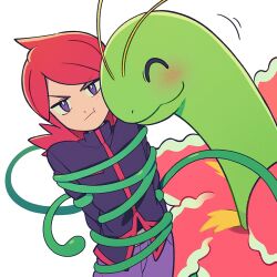 1boy :t ^_^ antennae black_shirt blush cheek-to-cheek chueog closed_eyes colored_skin cowboy_shot flower game_freak gen_2_pokemon green_skin heads_together high_collar highres hug long_hair long_sleeves male_focus meganium midriff_peek multicolored_clothes nintendo pants plant pokemon pokemon_(creature) pokemon_hgss purple_eyes purple_pants red_flower red_hair red_trim shirt silver_(pokemon) smile vines wrapped_up