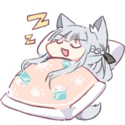 1girl ak-12_(girls&#039;_frontline) animal_ears chibi closed_eyes female_focus futon girls&#039;_frontline head lowres lying open_mouth paw_print pillow silver_hair sleeping smug solo tail under_covers white_background wolf_ears wolf_tail yuutama2804 zzz