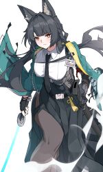 1girl absurdres animal_ear_fluff animal_ears aqua_jacket arm_out_of_sleeve black_gloves black_hair black_necktie black_pantyhose black_skirt braid breasts bright_pupils closed_mouth collared_shirt commentary fingerless_gloves fox_ears fox_girl gauntlets gloves half_up_braid highres holding holding_sheath holding_sword holding_weapon honey_boba hoshimi_miyabi id_card jacket katana large_breasts light_blush long_skirt looking_at_viewer necktie orange_eyes pantyhose scabbard sheath shirt simple_background single_fingerless_glove single_gauntlet skirt solo sword unsheathed weapon white_background white_pupils white_shirt zenless_zone_zero