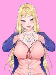 1girl 4-finger_heart_hands blazer blonde_hair blue_jacket blue_nails breasts cardigan commentary_request dosanko_gal_wa_namaramenkoi fuyuki_minami gyaru heart heart_hands highres ikada_kai jacket jewelry large_breasts long_hair looking_at_viewer neck_ribbon necklace pink_background pink_cardigan purple_eyes red_ribbon ribbon simple_background sleeves_past_wrists smile solo tachi-e teeth tongue tongue_out upper_body