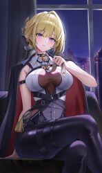 1girl absurdres black_choker black_jacket black_pants blonde_hair breasts choker clothes_grab collared_shirt commentary crossed_legs curtains evelyn_chevalier high-waist_pants highres hini_ni indoors jacket jacket_on_shoulders large_breasts looking_at_viewer mole mole_under_eye necktie necktie_grab neckwear_grab night night_sky pants parted_lips purple_eyes ring_hair_ornament shirt short_hair sitting sky solo tight_clothes tight_pants white_shirt window yellow_necktie zenless_zone_zero