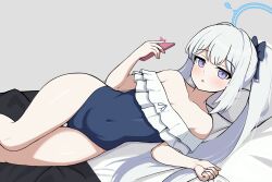 1girl bare_shoulders bed blue_archive blue_eyes blue_one-piece_swimsuit cellphone covered_navel gluteal_fold halo highres io9 long_hair looking_at_viewer lying miyako_(blue_archive) miyako_(swimsuit)_(blue_archive) off_shoulder on_side one-piece_swimsuit phone pillow ponytail ribbon smartphone solo strapless strapless_one-piece_swimsuit swimsuit thigh_gap thighs very_long_hair white_hair