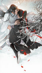 Rule 34 | 2boys, bare tree, bishounen, black boots, black hair, black hanfu, boots, branch, chinese clothes, closed eyes, couple, falling flower, falling petals, flower, full body, hair ribbon, hands on another&#039;s shoulders, hanfu, headband, high ponytail, hug, kiss, lan wangji, long hair, long sleeves, male focus, modao zushi, multiple boys, oten, outdoors, petals, ponytail, red flower, red ribbon, ribbon, robe, sitting, sleeves past wrists, snow, snowing, third-party source, tree, very long hair, wei wuxian, white hanfu, white headband, wide sleeves, winter, yaoi