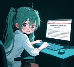 Rule 34 | 1girl, @ @, ahoge, aqua hair, archive of our own, at computer, blush, collared shirt, computer, computer keyboard, confessions of a rotten girl (vocaloid), cross hair ornament, fanfiction (object), fini hoover, fujoshi, glasses, green hair, hair ornament, hatsune miku, highres, kaito (vocaloid), kamui gakupo, long hair, looking at viewer, monitor, on chair, open mouth, purple eyes, school uniform, shirt, skirt, solo, twintails, typing, very long hair, vocaloid, white shirt