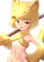 1girl :3 absurdres ajimaxxxxxx animal_hands bell blonde_hair blush bottomless breasts commentary_request cowboy_shot fang fox_girl fox_hat fox_tail halterneck highres holding holding_staff looking_at_viewer moonlight_flower navel open_mouth ragnarok_online ragnarok_origin red_eyes short_hair simple_background small_breasts smile solo staff tail white_background