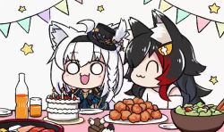 2girls :3 animal_ear_fluff animal_ears animated ascot ashiga_oreta black_hair blue_jacket braid cake cup earrings eating feeding flag food fork fox_ears fox_girl fox_tail glasses hair_between_eyes hair_ornament hairclip hat holding holding_fork hololive jacket jewelry looking_at_another mini_hat multicolored_hair multiple_girls o_o ookami_mio ookami_mio_(casual) oruyanke_(shirakami_fubuki) plate red_hair salad shirakami_fubuki shirakami_fubuki_(aristocrat_kei) shirt sidelocks single_braid star_(symbol) table tail two-tone_hair video virtual_youtuber white_hair white_shirt wolf_ears wolf_girl
