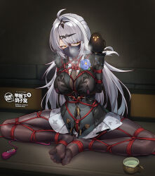 1girl ahoge arms_behind_back bdsm black_dress black_mask black_pantyhose bondage bound breasts chinese_commentary commentary_request copyright_logo dress egg_vibrator full_body grey_hair highres large_breasts long_hair mask mouth_mask no_shoes pantyhose remote_control_vibrator restrained sex_toy shibari shibari_over_clothes sitting skindentation soles solo twitter_username very_long_hair vibrator yellow_eyes yiduan_zhu yixuan_(trails_of_ink)_(zenless_zone_zero) yixuan_(zenless_zone_zero) zenless_zone_zero