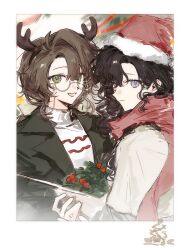 2girls :d antlers black_coat black_hair border brown_hair cloak coat eyewear_strap fake_antlers glasses green_eyes hat highres holding holding_plant horns isolde_(reverse:1999) kakania_(reverse:1999) long_hair multiple_girls open_mouth plant profile purple_eyes rang_wo_zai_shui_10_fenzhong red_eyes red_hat red_scarf reindeer_antlers reverse:1999 santa_hat scarf semi-rimless_eyewear smile sweater under-rim_eyewear upper_body white_border white_cloak white_sweater