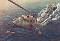 aircraft attack_helicopter cannon cruiser destroyer earasensha flying gun helicopter helmet machine_gun mi-24 military military_vehicle missile no_humans ocean original pilot radar realistic rocket_launcher rocket_pod russia ship signature ub-32_(rocket_pod) warship water watercraft weapon
