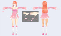 1girl 3d blunt_ends choker colored_inner_hair commentary detached_sleeves dress earrings english_commentary english_text feather_earrings feathers fingernails full_body green_hair hair_ornament highres hololive jewelry layered_dress long_hair long_sleeves looking_at_viewer multicolored_hair multiple_views nail_polish off_shoulder official_art orange_hair perfume_(takanashi_kiara) pink_dress pink_eyes pink_nails pink_shoes pink_sleeves platform_heels reference_sheet ribbon_choker ribbon_legwear shoes short_dress simple_background socks solo standing swept_bangs t-pose takanashi_kiara takanashi_kiara_(artist) takanashi_kiara_(perfume) turnaround two-tone_hair virtual_youtuber white_socks