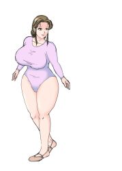 Rule 34 | 1girl, breasts, brown hair, large breasts, leotard, open mouth, pink leotard, satou yukari, simple background