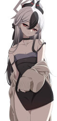 1girl absurdres black_dress black_hair black_horns black_nails blue_archive brown_jacket closed_mouth collarbone commentary demon_horns dress ear_piercing grey_hair hair_between_eyes halo highres horns jacket kayoko_(blue_archive) kayoko_(dress)_(blue_archive) long_hair looking_at_viewer mole mole_on_neck off_shoulder official_alternate_costume official_alternate_hairstyle piercing red_eyes ruwo simple_background solo standing white_background