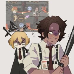 2boys angry april_fools baseball_bat black_coat black_gloves black_pants blonde_hair brown_hair coat commentary dark-skinned_male dark_skin english_commentary game_screenshot_inset gameplay_mechanics gloves halberd heathcliff_(project_moon) holding holding_polearm holding_weapon id_card limbus_company multiple_boys necktie pants personality_switch polearm project_moon purple_eyes red_necktie scar scar_on_face shirt simple_background sinclair_(project_moon) tazumilly weapon white_background white_shirt