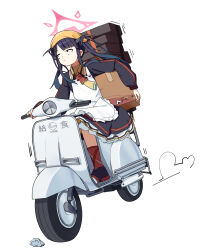 1girl :| adon_(dufaladanidu) apron black_shirt black_skirt blue_archive blunt_bangs box cardboard_box closed_mouth commentary doodle_sensei_(blue_archive) driving dutch_angle expressionless frilled_apron frilled_skirt frills full_body fuuka_(blue_archive) hair_on_horn halo headscarf highres kneehighs long_hair long_sleeves looking_ahead motion_lines motor_vehicle on_scooter puff_of_air puffy_long_sleeves puffy_sleeves red_halo red_socks rock scooter sensei_(blue_archive) shirt sidelocks simple_background sitting skirt socks solo symbol-only_commentary twintails white_apron white_background yellow_headscarf