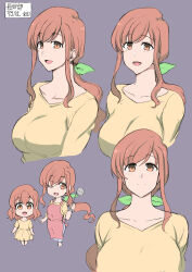 2girls :d aiue_oka bow breasts character_request chibi closed_mouth commentary_request concept_art green_bow hair_bow hasebe_yuuka highres holding holding_ladle kaikan_denryuu ladle large_breasts long_hair looking_at_viewer mature_female medium_hair mother_and_daughter multiple_girls multiple_views one_eye_closed open_mouth orange_eyes orange_hair paid_reward_available ponytail shirt smile translation_request upper_body yellow_shirt
