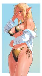 1girl alternate_costume bikini blonde_hair blue_background blush breasts cleavage closed_mouth commentary cowboy_shot dark-skinned_female dark_skin elf gold_bikini gradient_background hand_in_own_hair highres hololive long_hair looking_at_viewer medium_breasts multicolored_hair navel off_shoulder open_clothes open_shirt orange_eyes parted_bangs pointy_ears shiranui_flare shirt side-tie_bikini_bottom sideboob sidelocks simple_background solo standing streaked_hair sweat swimsuit two-tone_hair uzuradobin virtual_youtuber white_hair white_shirt
