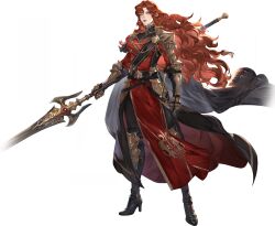 Rule 34 | 1girl, absurdres, armor, black boots, black cape, boots, cape, gauntlets, high collar, high heel boots, high heels, highres, holding, holding polearm, holding weapon, knee guards, long hair, non-web source, official art, pamina (sword of convallaria), pauldrons, polearm, red hair, red tabard, shoulder armor, solo, spear, sword of convallaria, tabard, wavy hair, weapon, yellow eyes