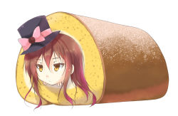 1girl black_hat bow brown_eyes brown_hair cafe-chan_to_break_time cafe_(cafe-chan_to_break_time) cake expressionless female_focus food hair_between_eyes hat hat_bow in_food long_hair multicolored_hair pink_bow porurin_(do-desho) purple_hair simple_background solo streaked_hair swiss_roll top_hat white_background yellow_eyes