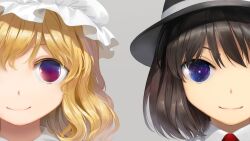 2girls absurdres alternate_eye_color black_hair blonde_hair brown_hair colored_eyelashes commentary_request empty_eyes fedora gradient_eyes grey_background hair_between_eyes hat highres looking_at_viewer maribel_hearn mob_cap multicolored_eyes multiple_girls pink_eyes portrait purple_eyes short_hair simple_background smile space suna_(s73d) textless_version touhou usami_renko