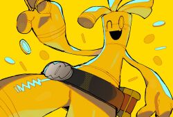 Rule 34 | arm up, belt, belt buckle, black belt, buckle, coin, colored skin, dutch angle, fang, gholdengo, highres, nintendo, no humans, one eye closed, open mouth, pokemon, pokemon (creature), pouch, simple background, smile, solo, sushi1515, yellow background, yellow skin, yellow theme