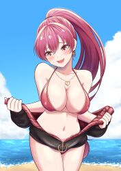 absurdres beach black_jacket blue_sky blush breasts cleavage cloud earrings gold_earrings gold_necklace heart heart_earrings heart_necklace heterochromia highres hololive houshou_marine houshou_marine_(summer) jacket jewelry large_breasts long_hair looking_at_viewer looking_to_the_side necklace nekoshun official_alternate_costume ponytail red_bikii red_eyes sky smile solo virtual_youtuber water yellow_eyes